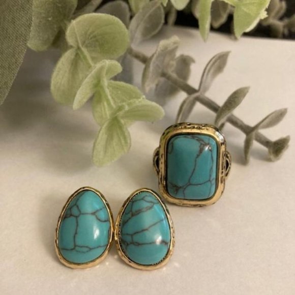 Avon Jewelry - Faux Turquoise Earrings & Size 6 Ring Set